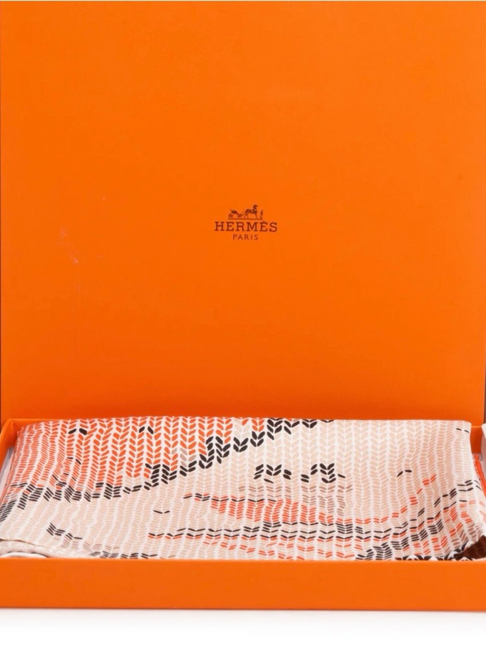 Hermes Scarf in Cream, Black and Orange Accents